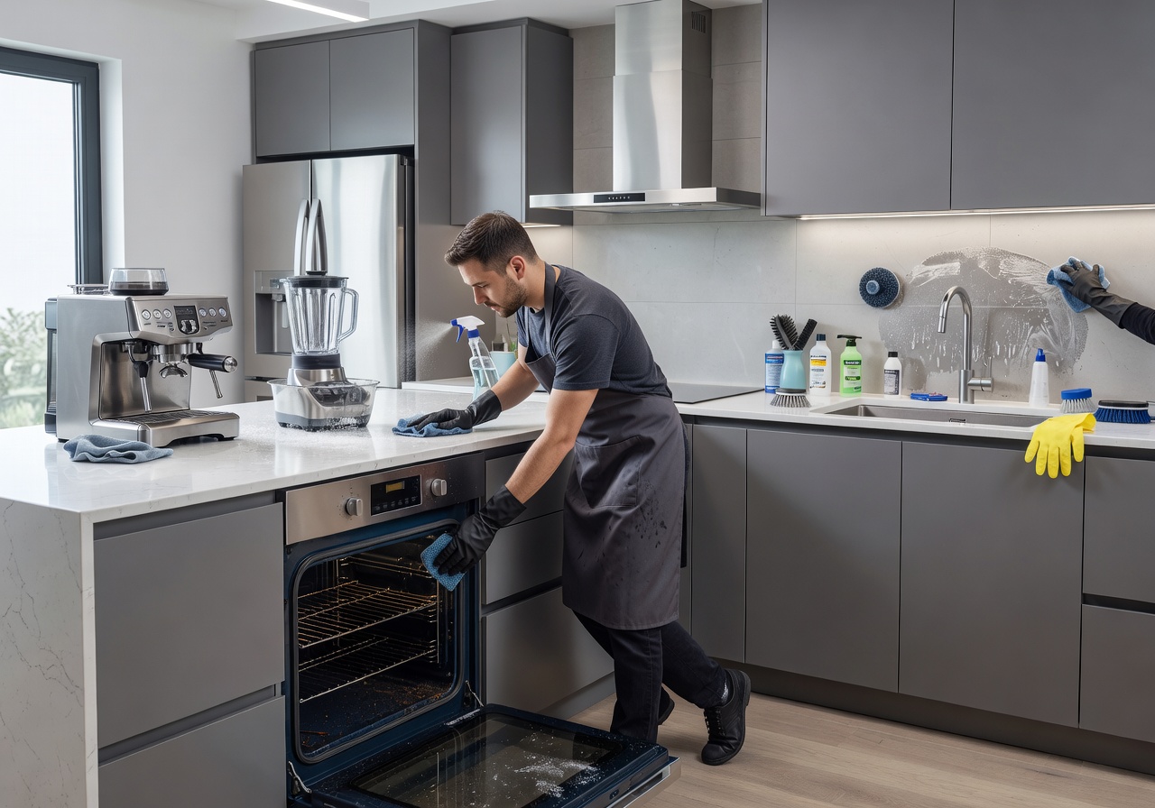 Deep scrubbing of a modern kitchen focusing on sanitation and appliance cleaning