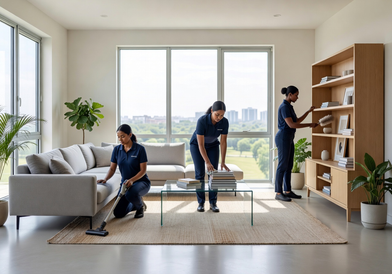 Professional cleaning staff organizing and cleaning a bright modern living room