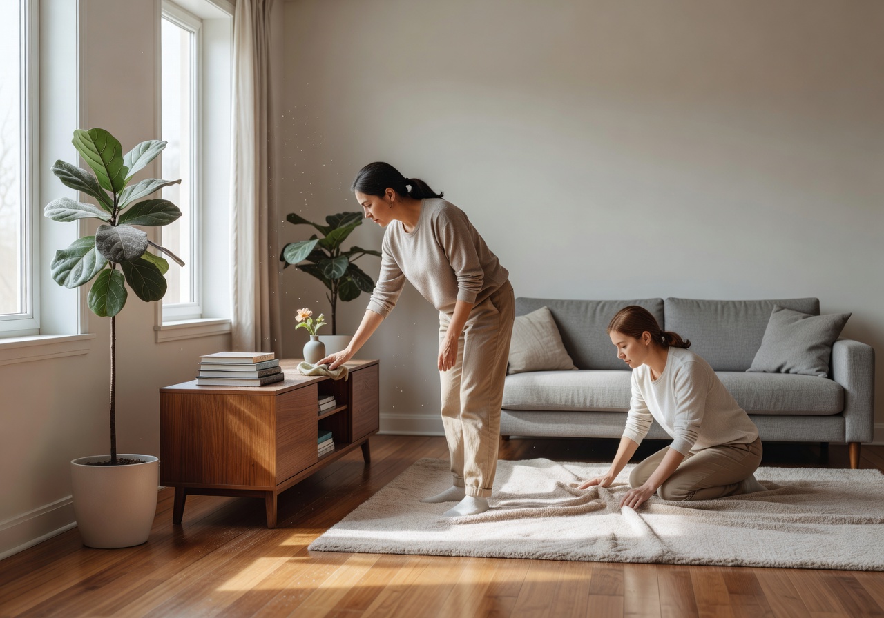 Standard cleaning of a bright living room focusing on dusting and tidying